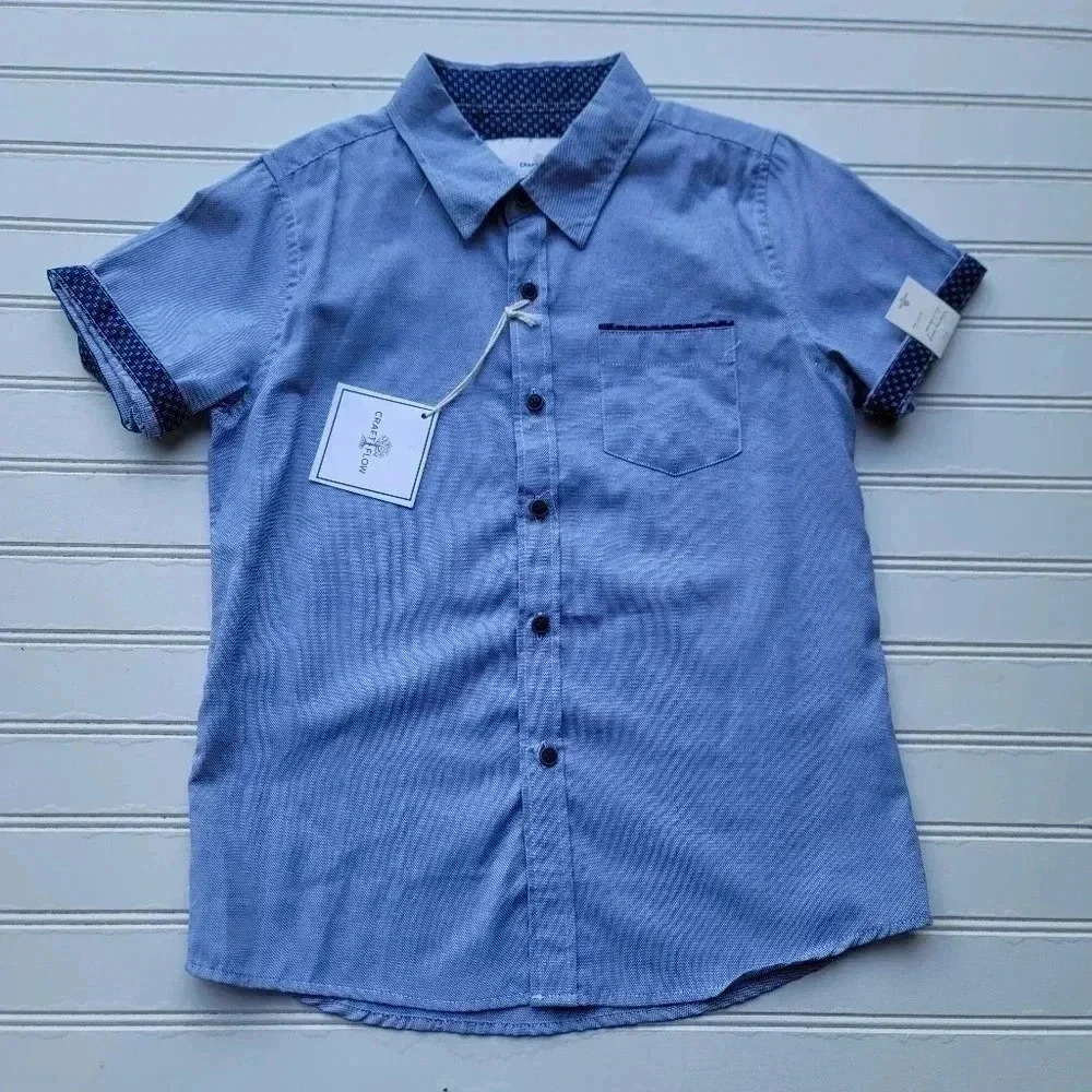 NWT Craft+Flow Casual Blue Short Sleeve Button Down Shirt Boys Sz 7